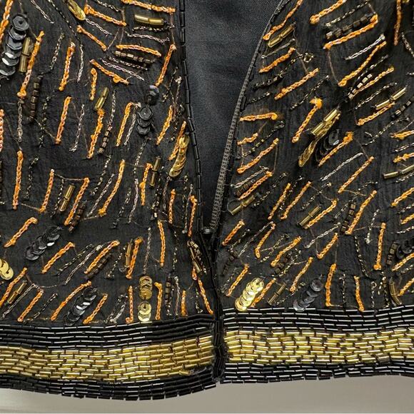 Vintage 90s Niteline Sequin Blouse, Black and gold, beads, zip up back, Size M - Picture 7 of 13